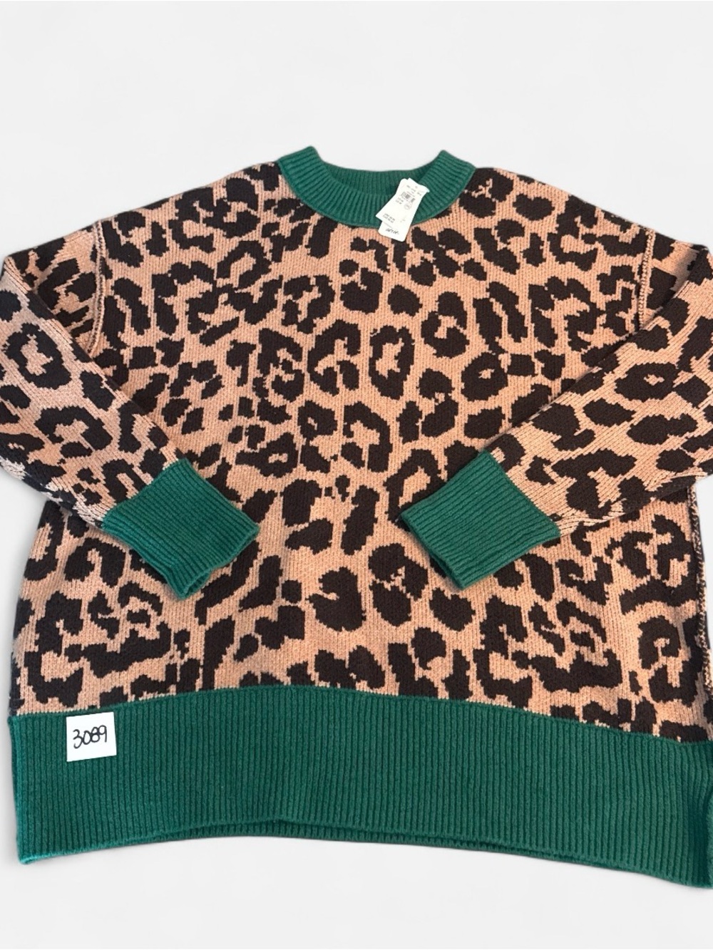 aerie Leopard Crewneck Sweater with Green Trim